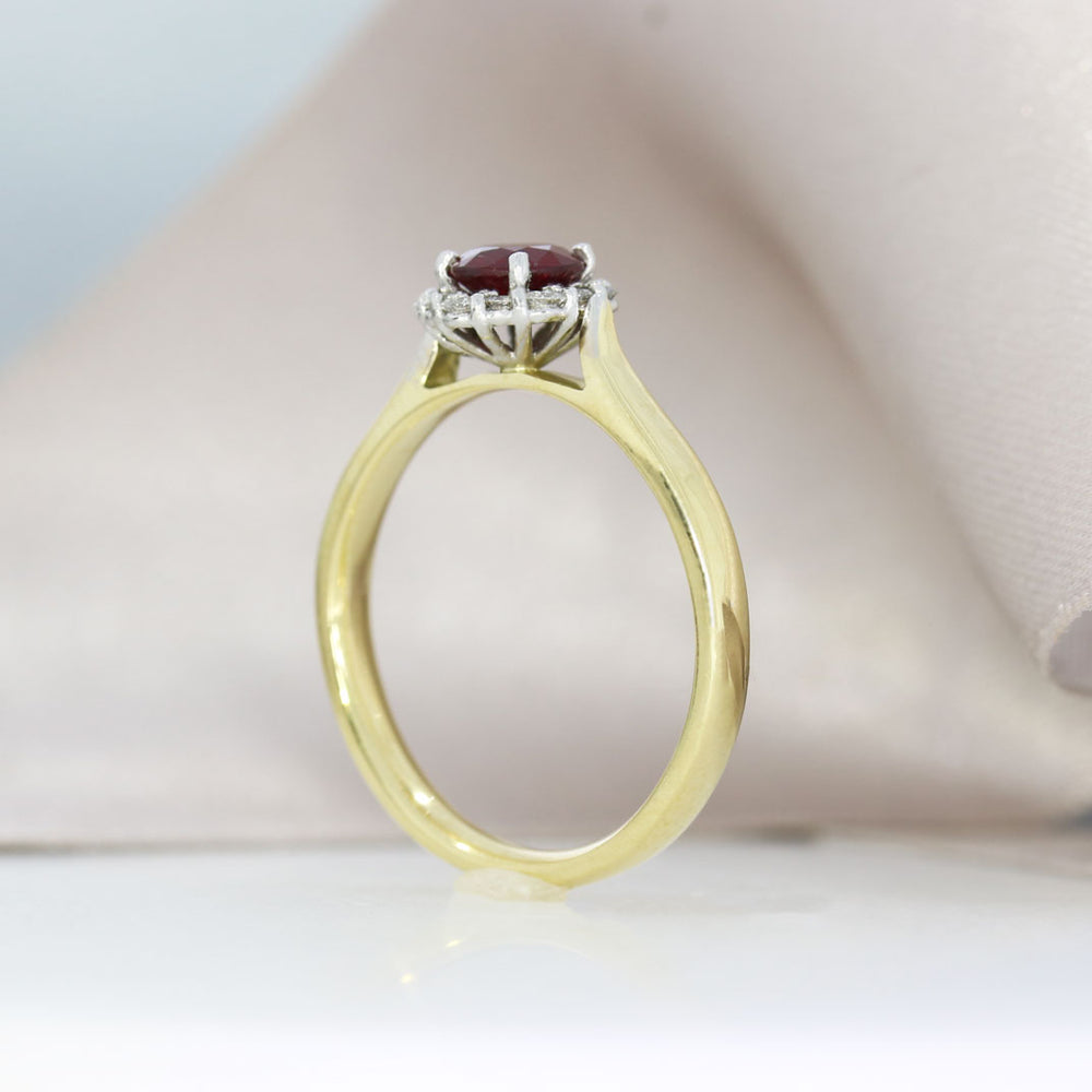 18ct Yellow Gold Ruby and Diamond Halo Cluster Ring