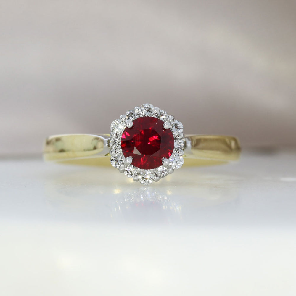 18ct Yellow Gold Ruby and Diamond Halo Cluster Ring