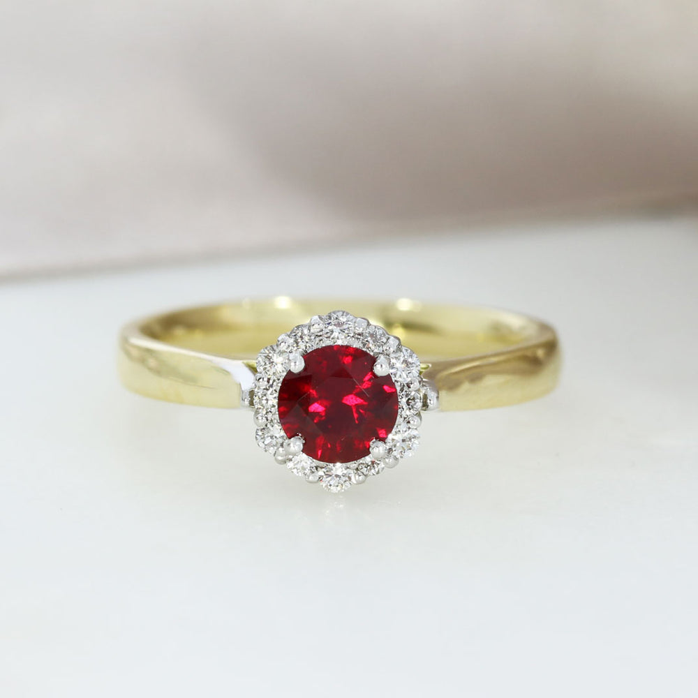 18ct Yellow Gold Ruby and Diamond Halo Cluster Ring