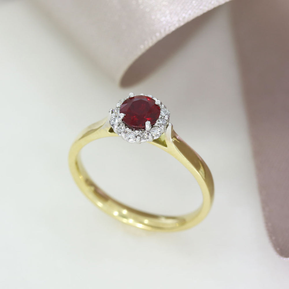 18ct Yellow Gold Ruby and Diamond Halo Cluster Ring
