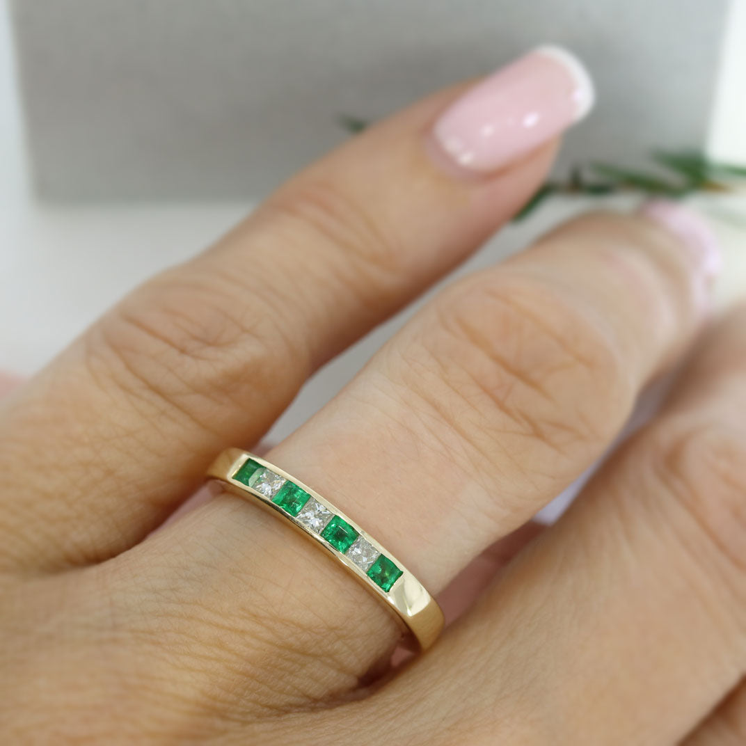 9ct Yellow Gold Emerald and Diamond Channel Set Eternity Ring