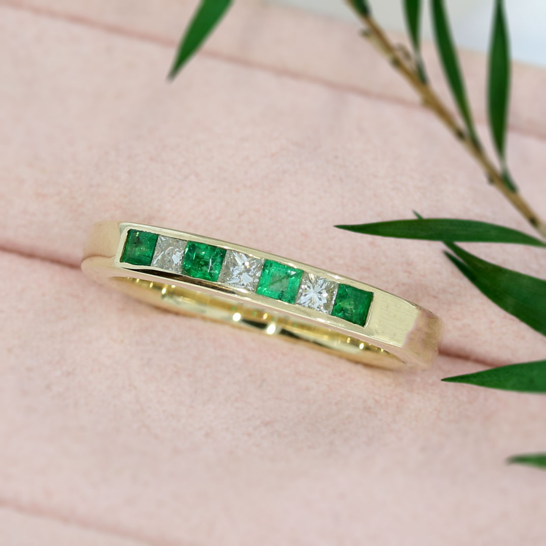 9ct Yellow Gold Emerald and Diamond Channel Set Eternity Ring