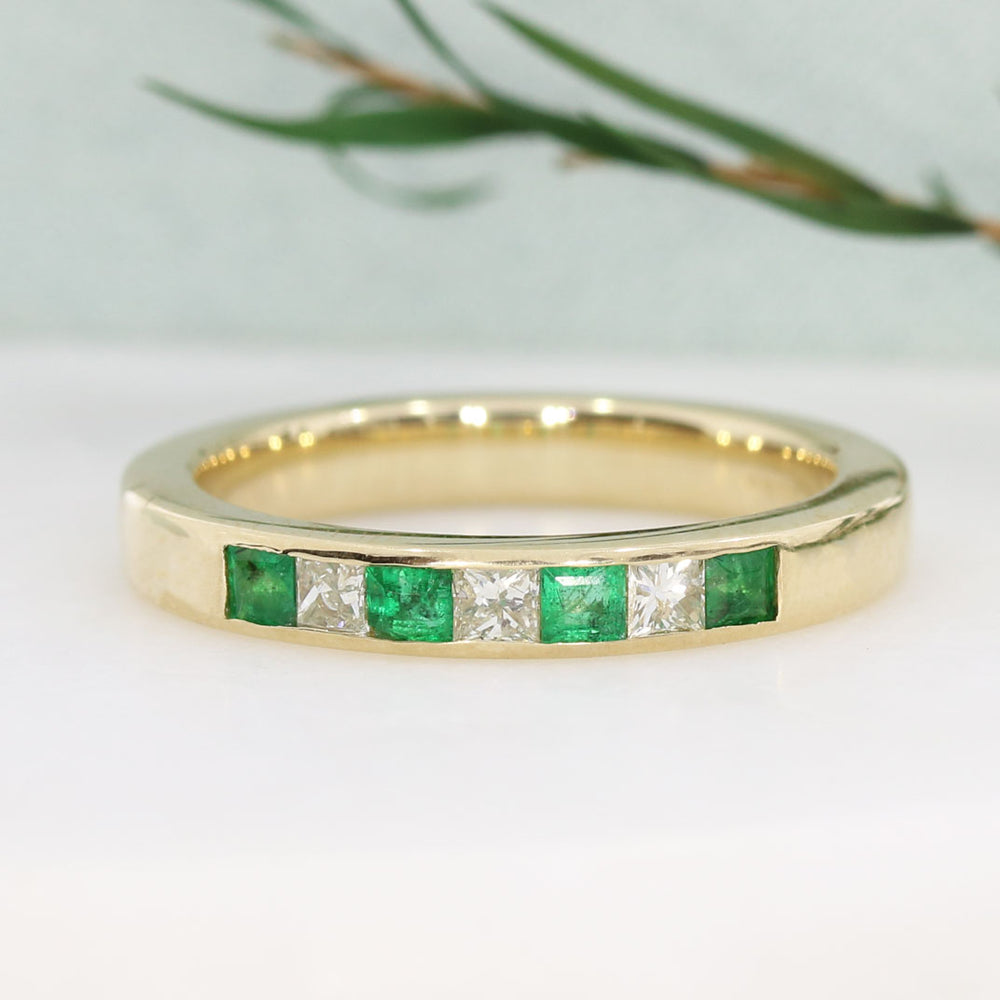 9ct Yellow Gold Emerald and Diamond Channel Set Eternity Ring