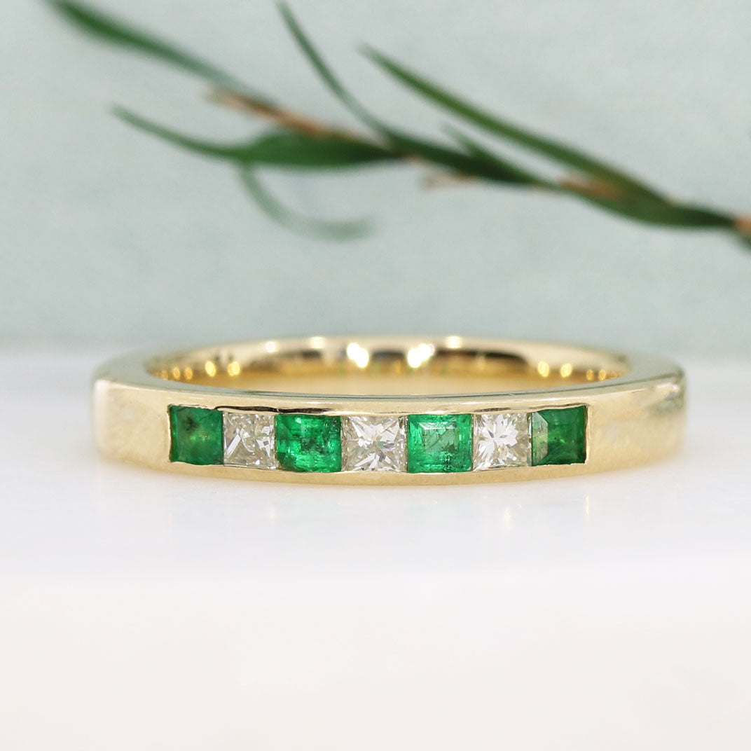 9ct Yellow Gold Emerald and Diamond Channel Set Eternity Ring