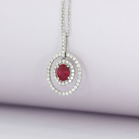 Pre Owned 18ct White Gold Oval Ruby & Diamond Double Halo Pendant