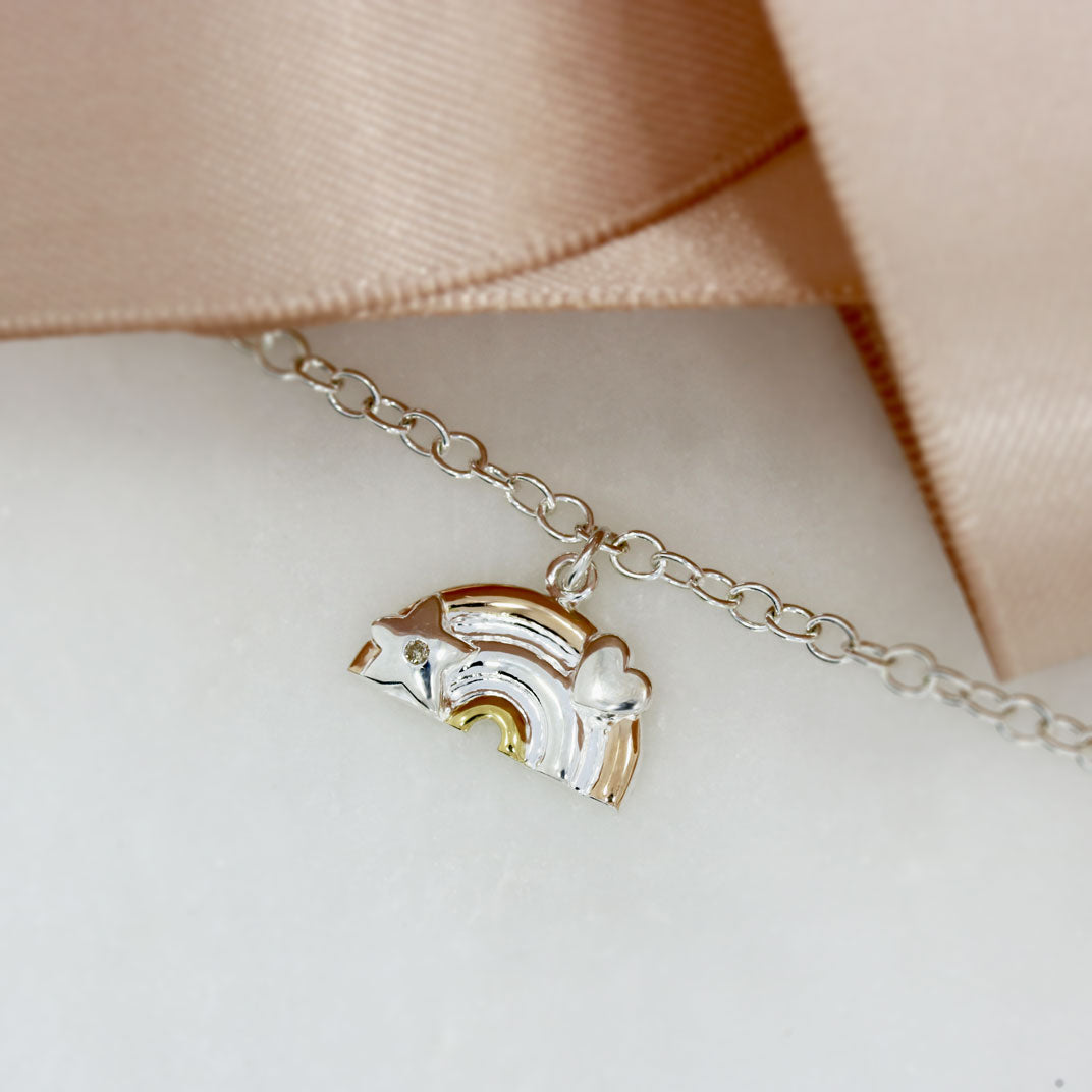 Silver Bracelet With Rainbow charm Rose & Yellow Gold Plated Accents