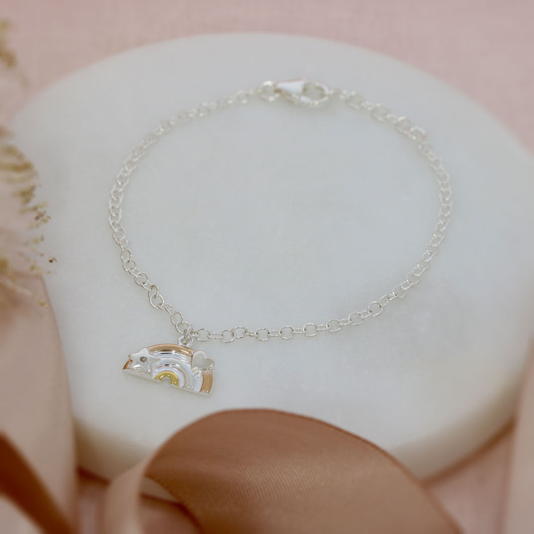 Silver Bracelet With Rainbow charm Rose & Yellow Gold Plated Accents