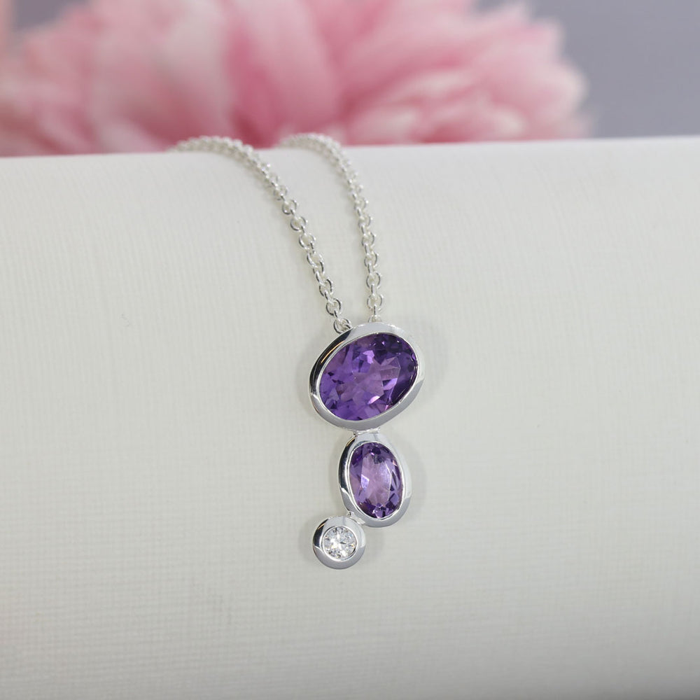 Silver Amethyst & CZ Bubble Pendant & Chain