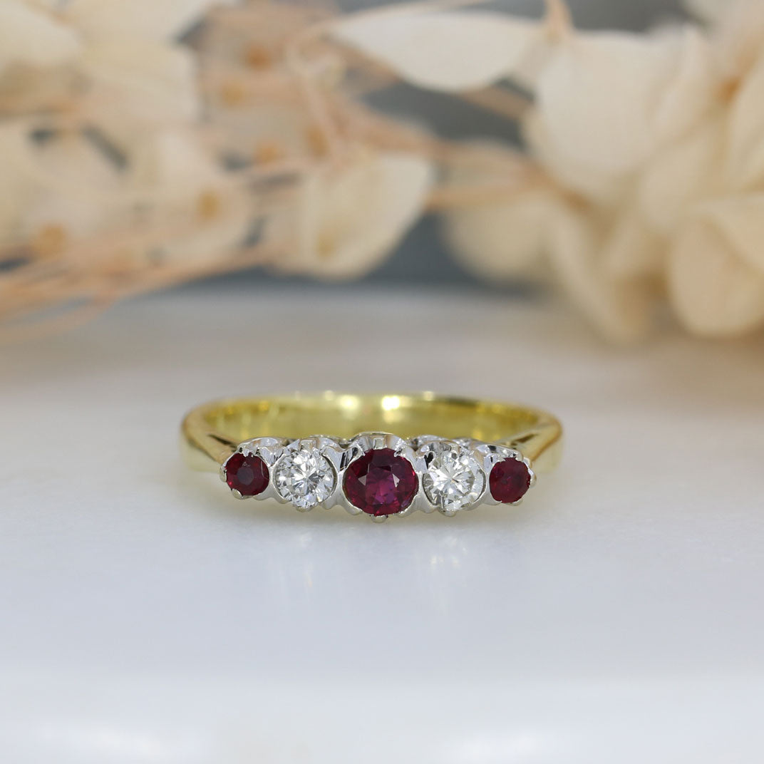 18ct Yellow Gold 5 Stone Claw Set Ruby & Diamond Ring