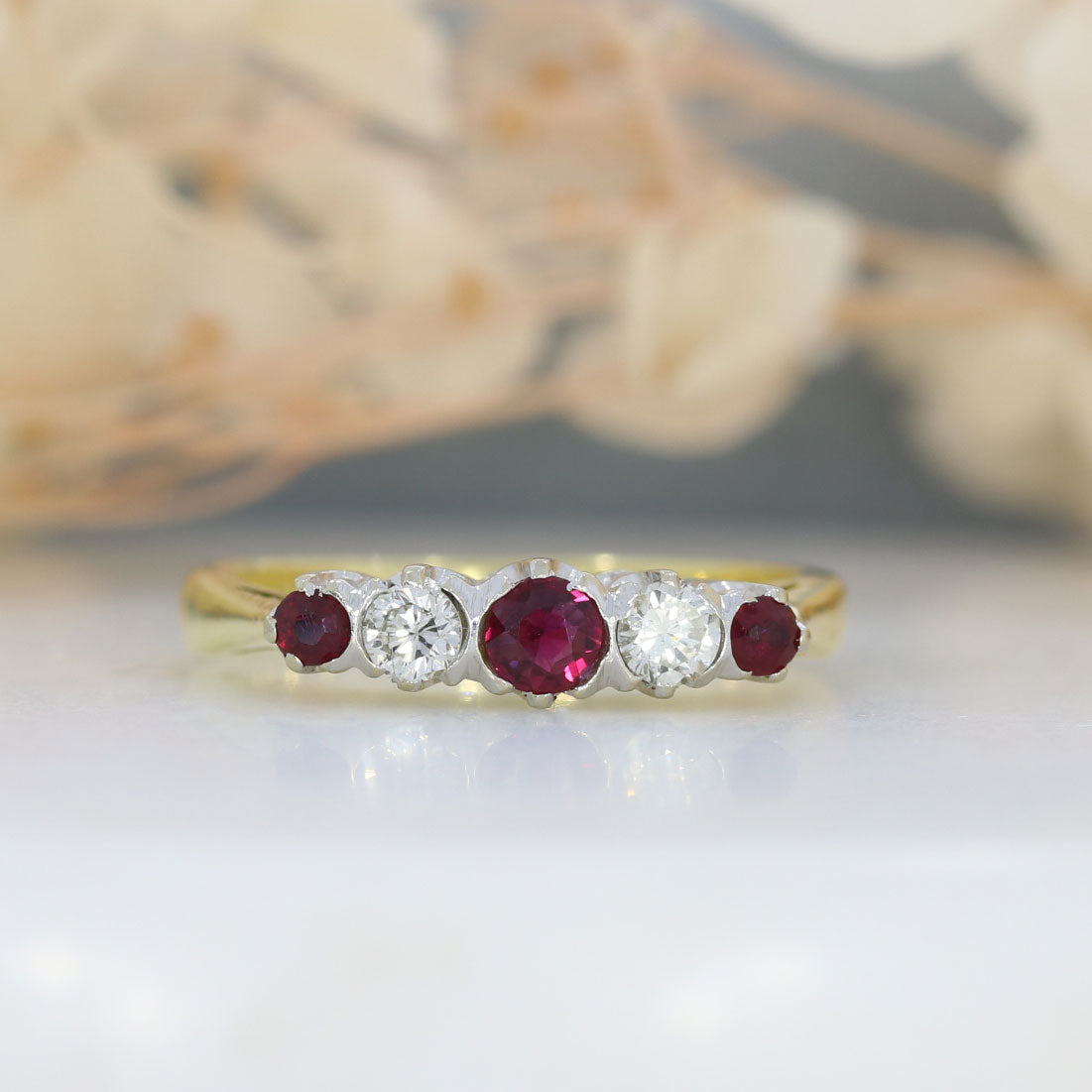 18ct Yellow Gold 5 Stone Claw Set Ruby & Diamond Ring
