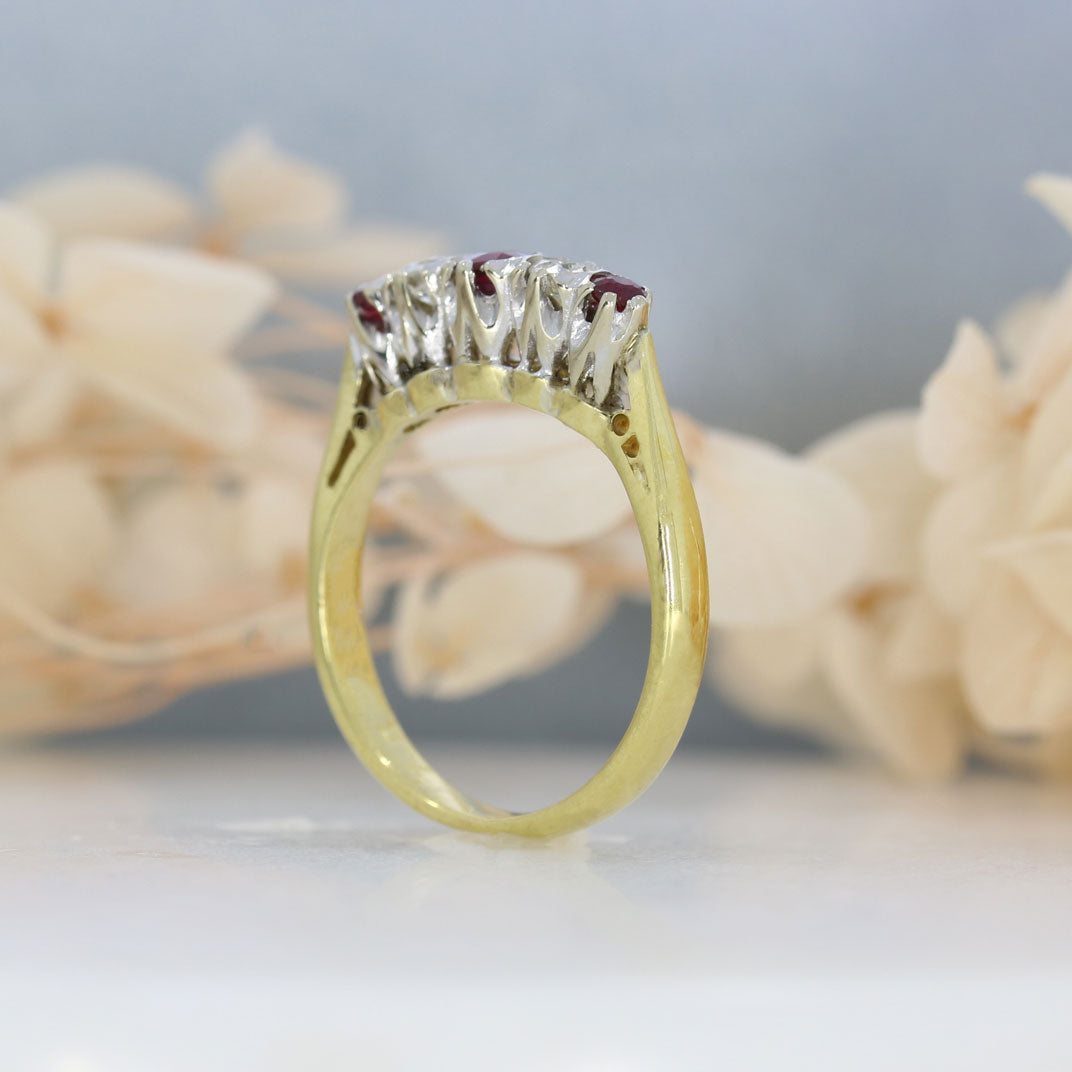 18ct Yellow Gold 5 Stone Claw Set Ruby & Diamond Ring