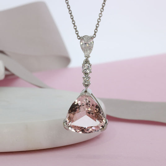 Platinum Triangular Morganite Pendant with Pear & Round Diamond Bale