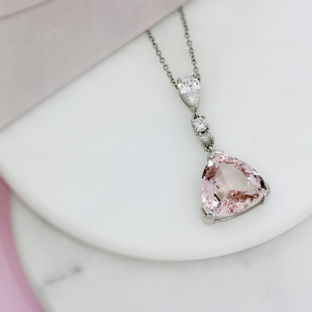 Platinum Triangular Morganite Pendant with Pear & Round Diamond Bale