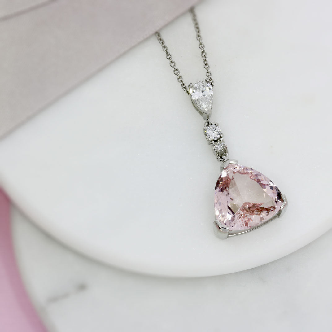 Platinum Triangular Morganite Pendant with Pear & Round Diamond Bale