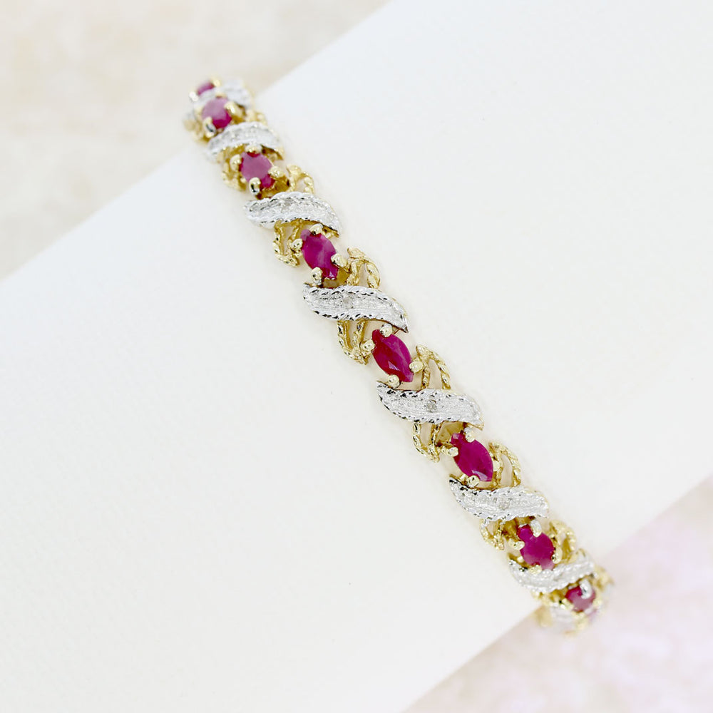 Pre-Owned 9ct Yellow Gold Ruby & Pave Set Diamond Chip Bracelet
