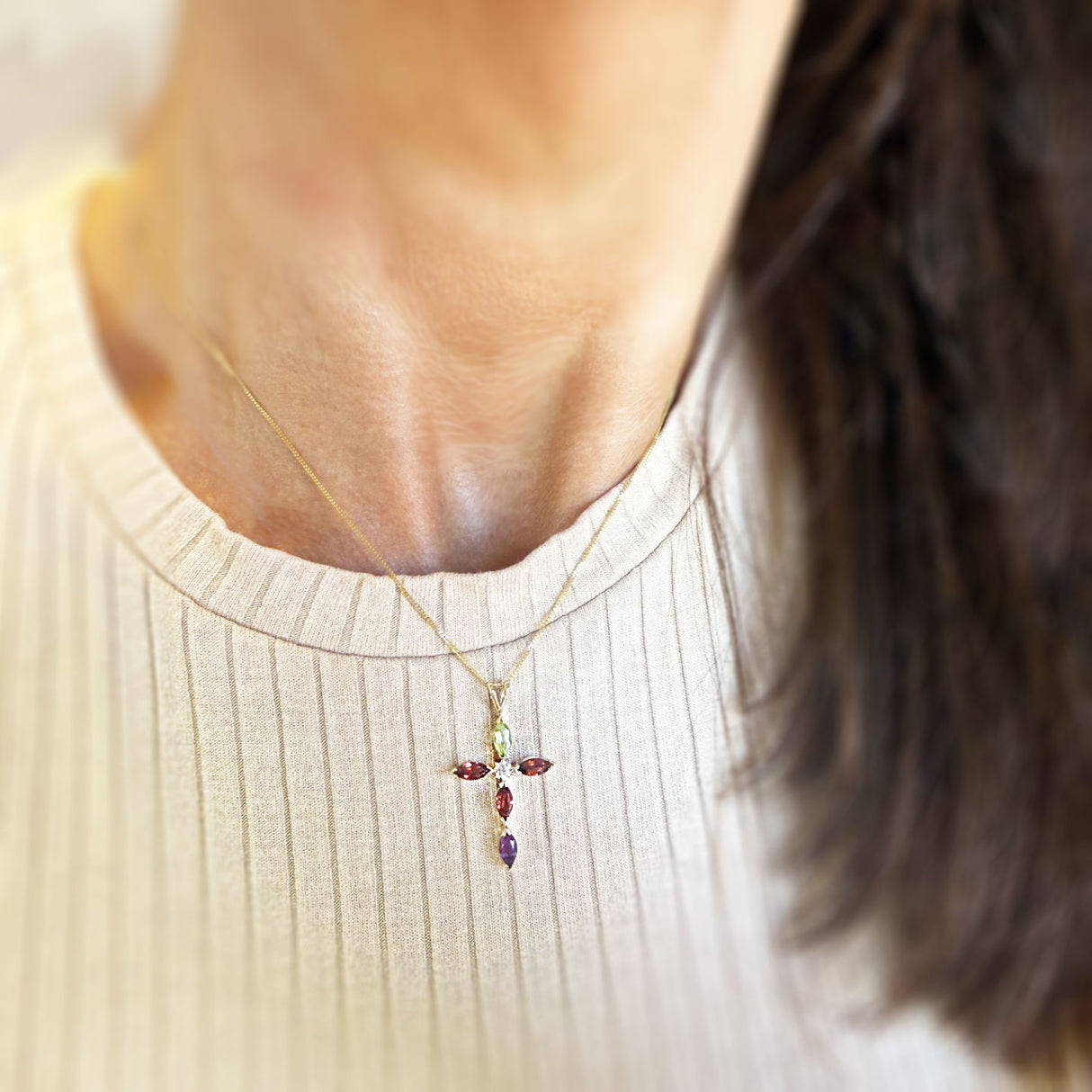 9ct Yellow Gold Cross Set With Semi Precious Stones on a Fine Curb Chain