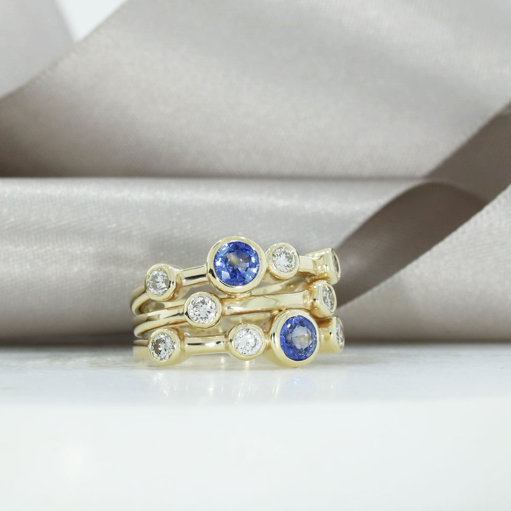 9ct Yellow Gold Sapphire & Diamond 3 Row Bubble Ring