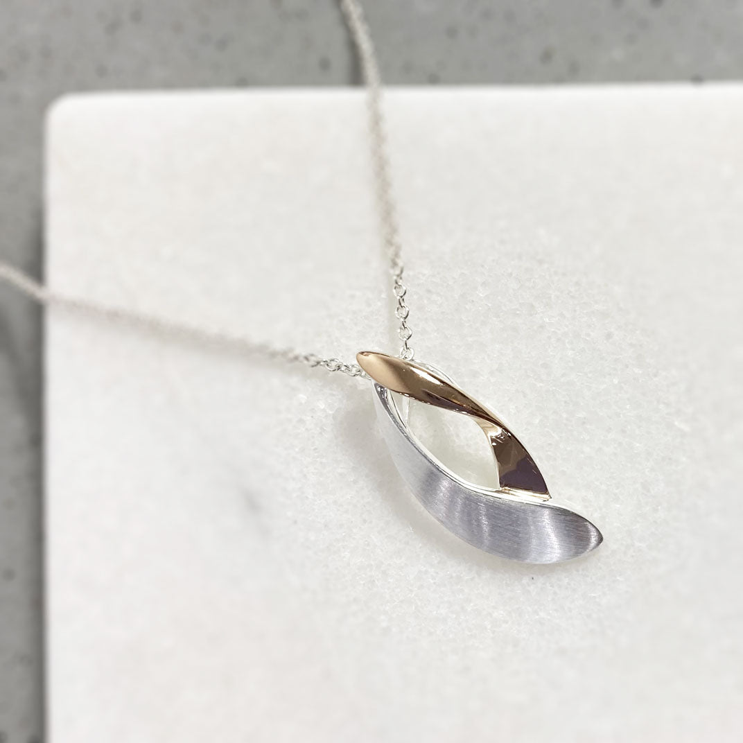 Brushed Silver & Rose Gold Plated Leaf Shaped Pendant