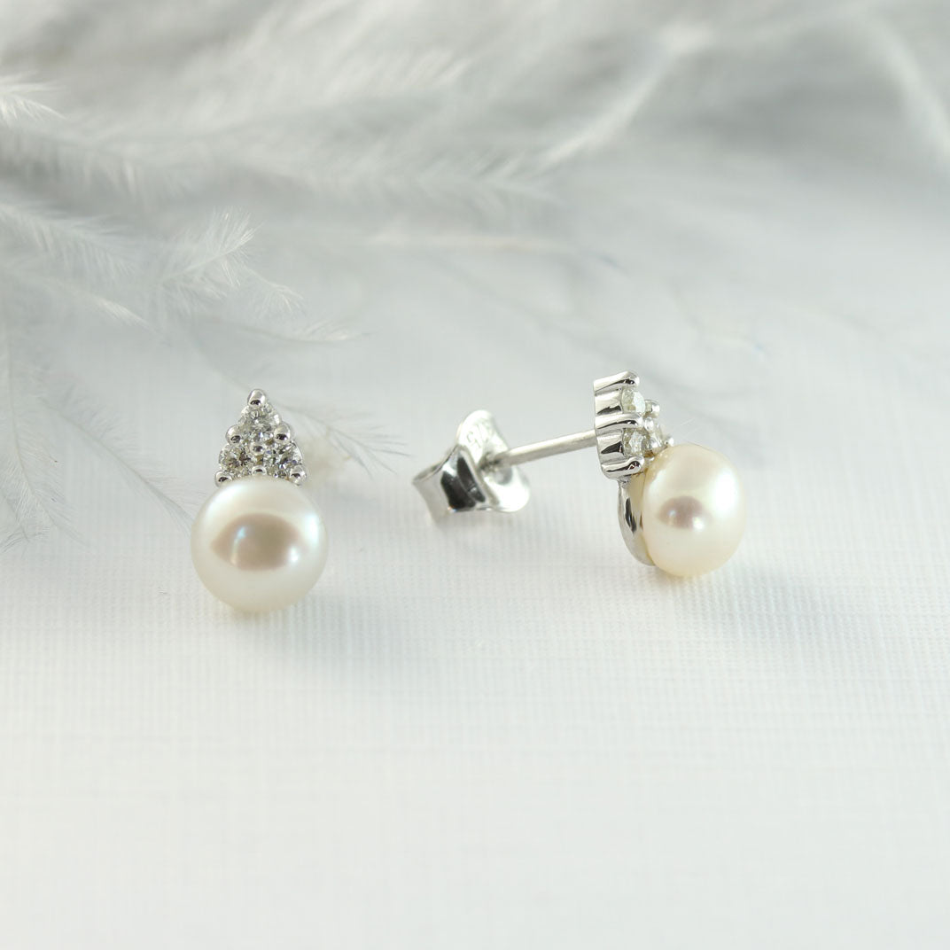 9ct White Gold Pearl & Diamond Earrings 0.14ct