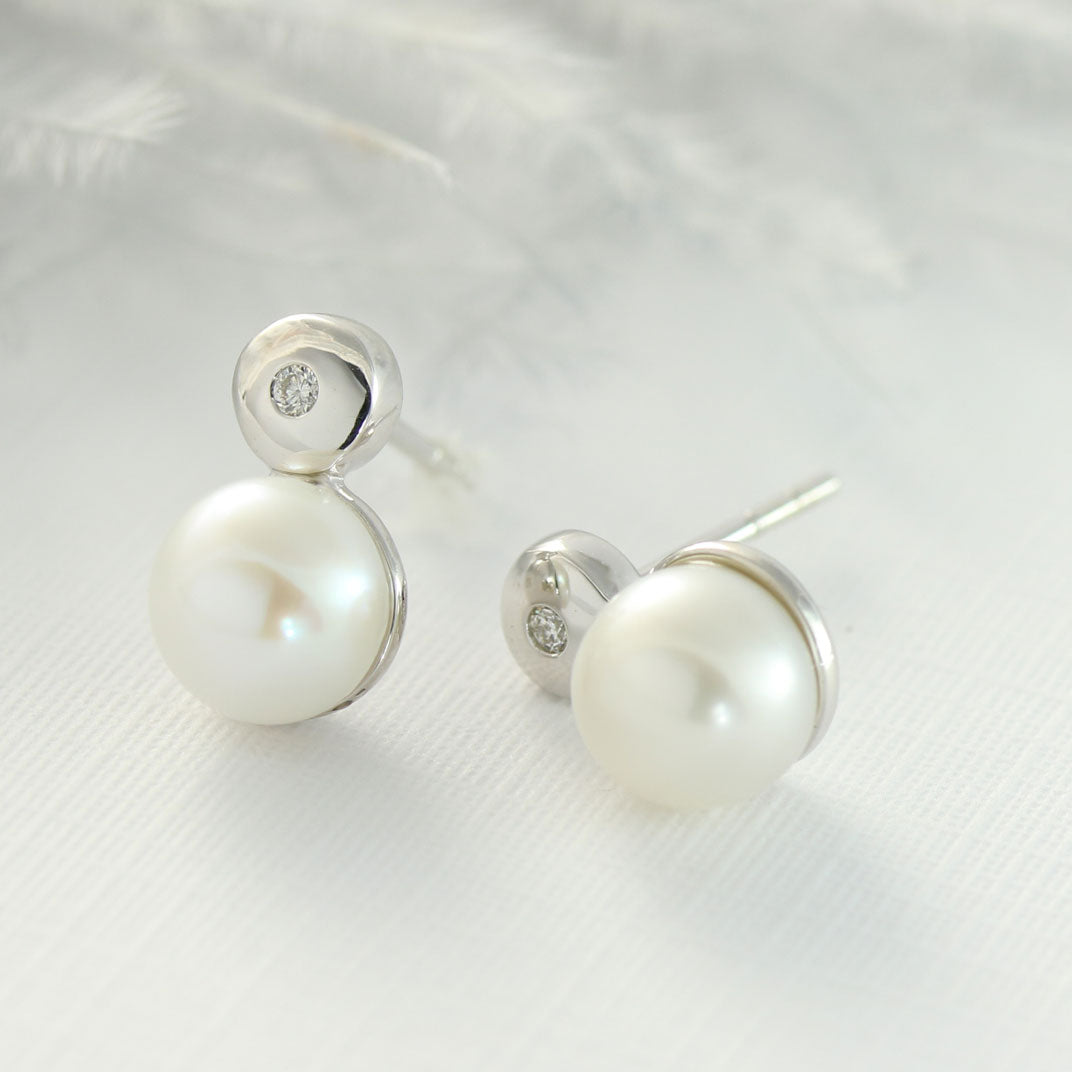 9ct White Gold Pearl & Diamond Earrings