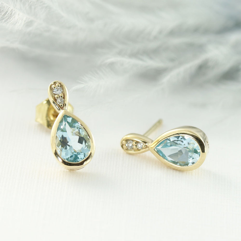 9ct Yellow Gold Aquamarine & Diamond Earrings