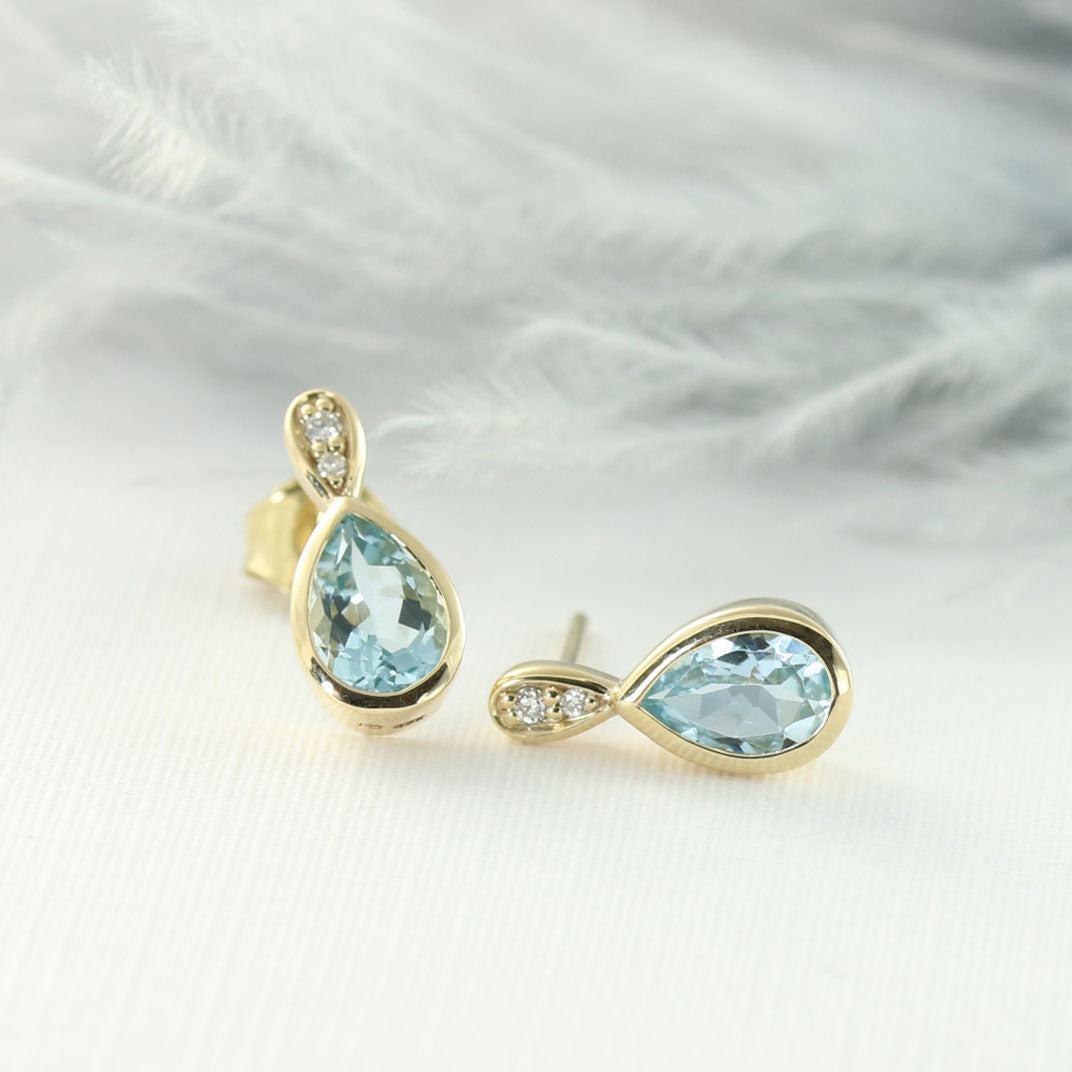 9ct Yellow Gold Aquamarine & Diamond Earrings