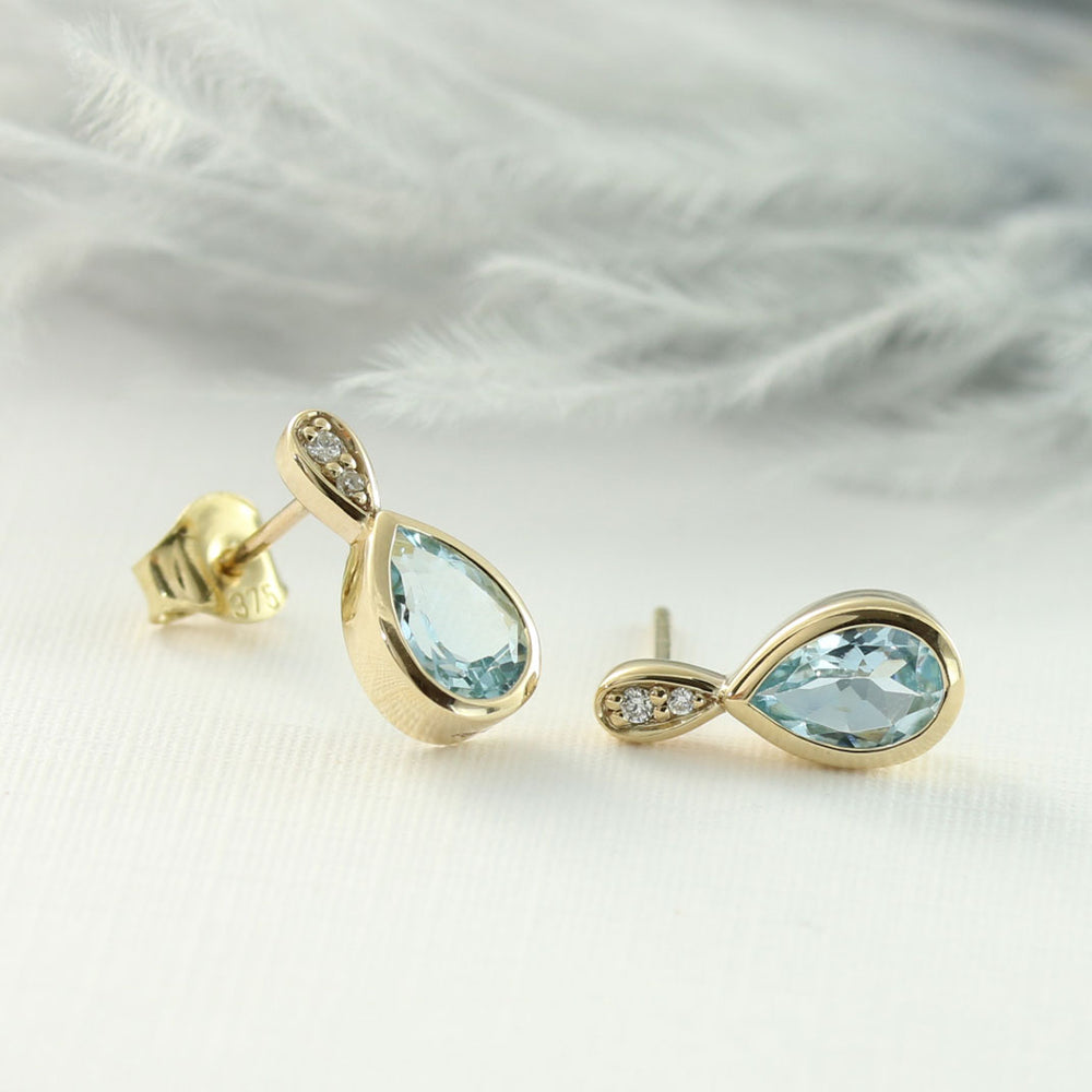 9ct Yellow Gold Aquamarine & Diamond Earrings