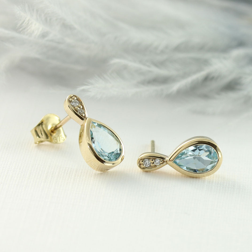 9ct Yellow Gold Aquamarine & Diamond Earrings