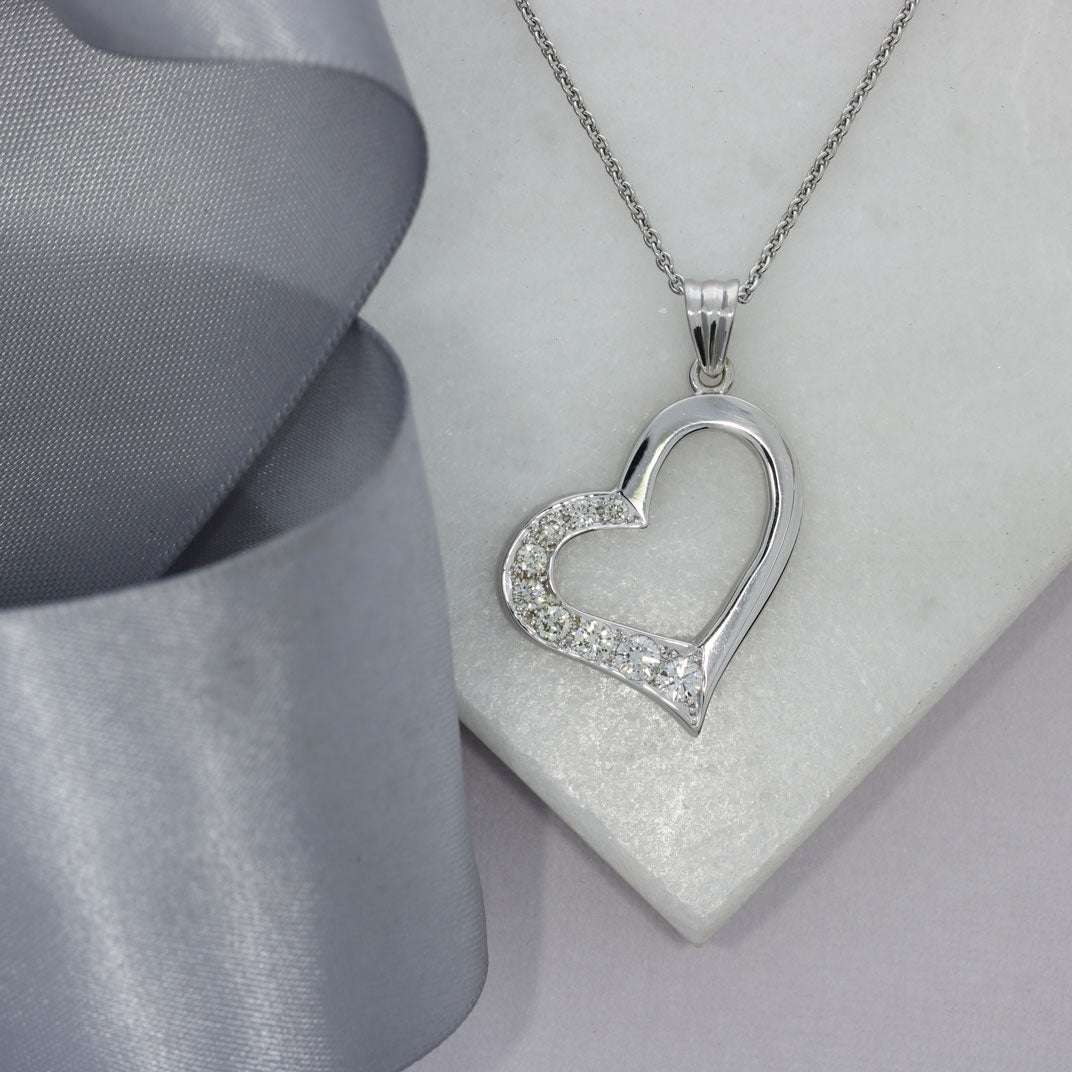 9ct White Gold Open Heart Pendant With Pave Set Diamonds Approx .60ct