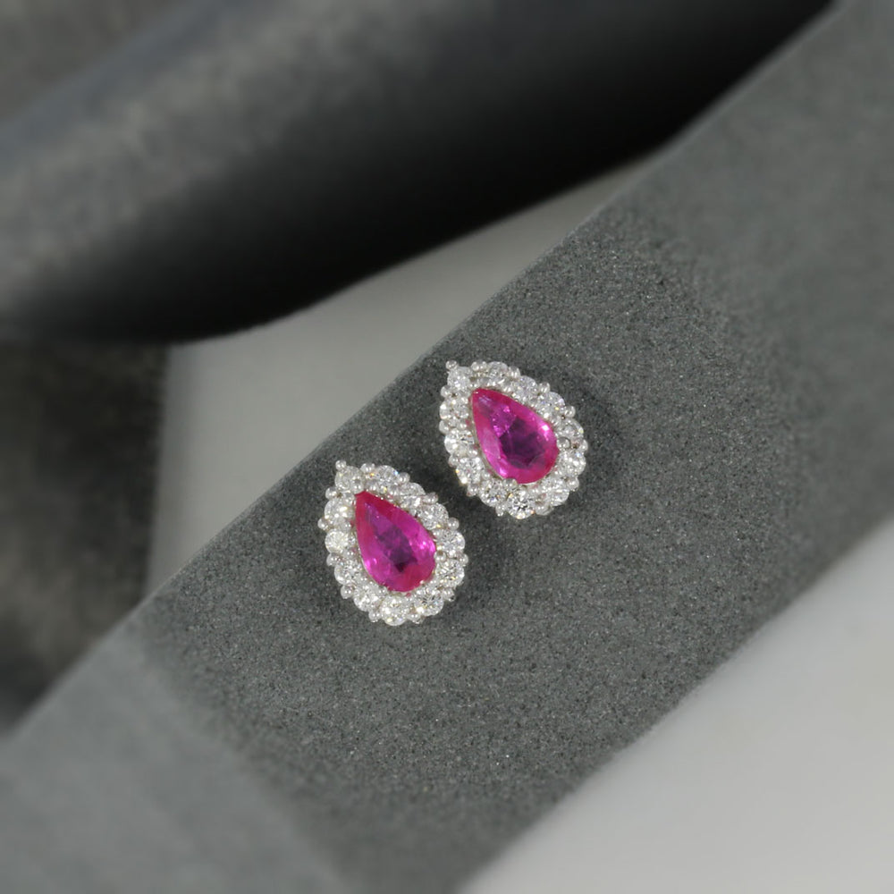 9ct White Gold Pear Shape Ruby and Diamond Cluster Earrings