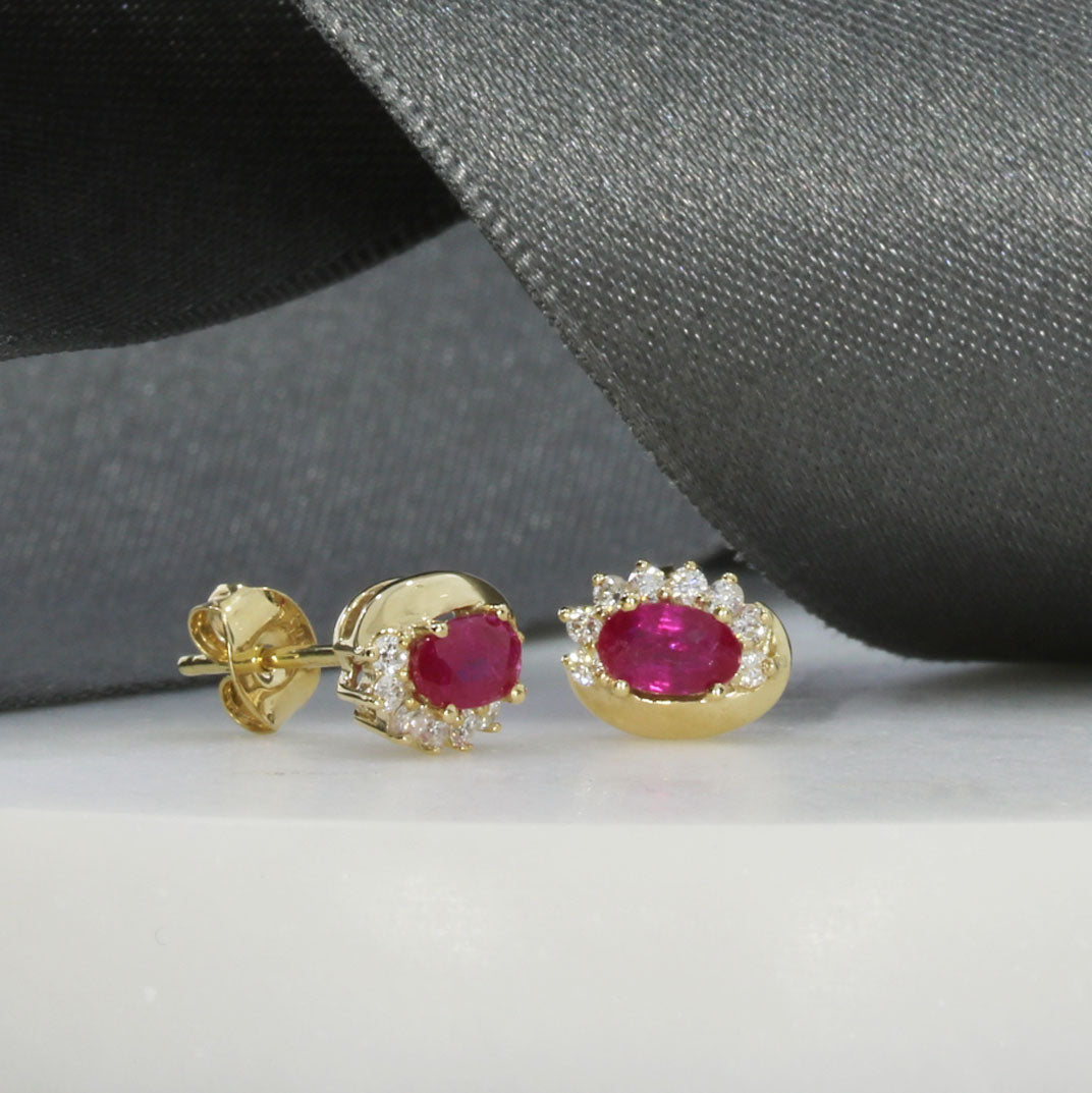 9ct Yellow Gold Oval Ruby Earrings With Claw Set Diamonds