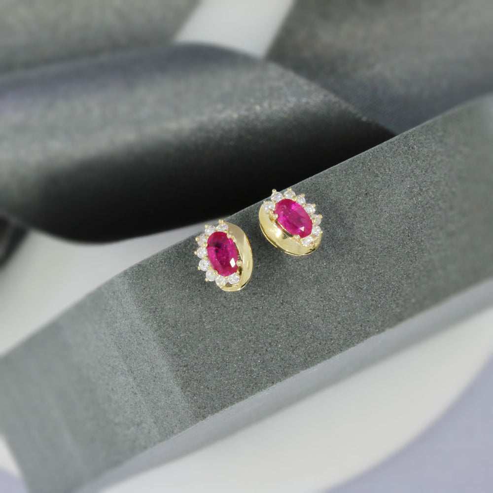 9ct Yellow Gold Oval Ruby Earrings With Claw Set Diamonds