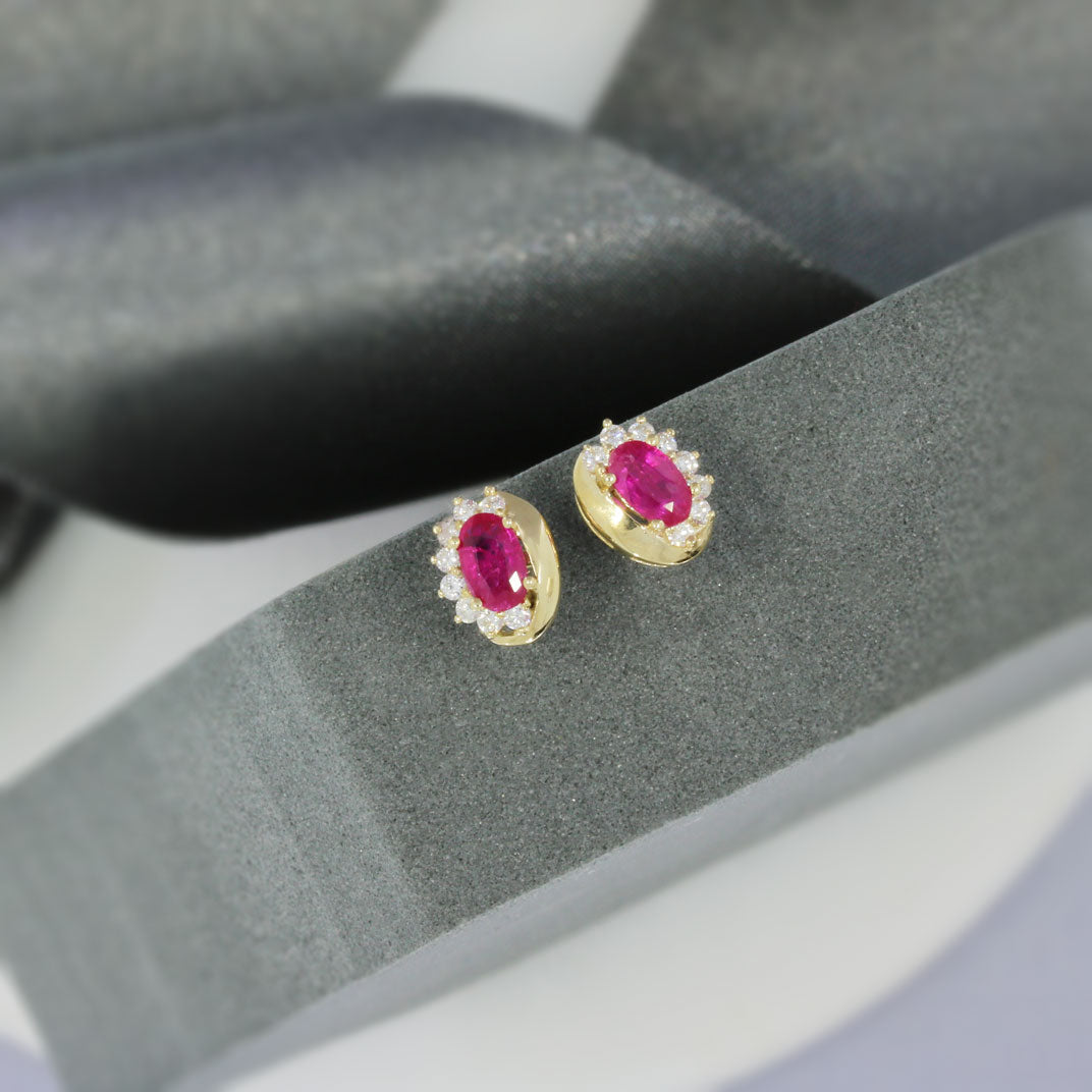 9ct Yellow Gold Oval Ruby Earrings With Claw Set Diamonds