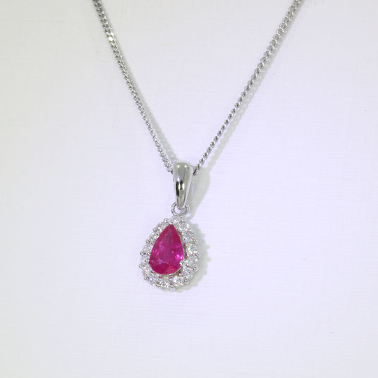 9ct White Gold Pear Shape Ruby and Diamond Cluster Pendant