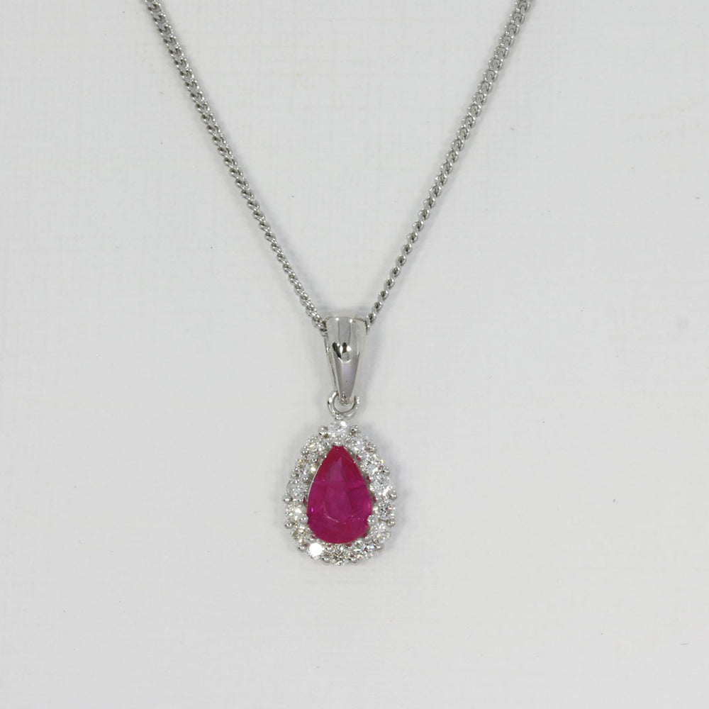 9ct White Gold Pear Shape Ruby and Diamond Cluster Pendant