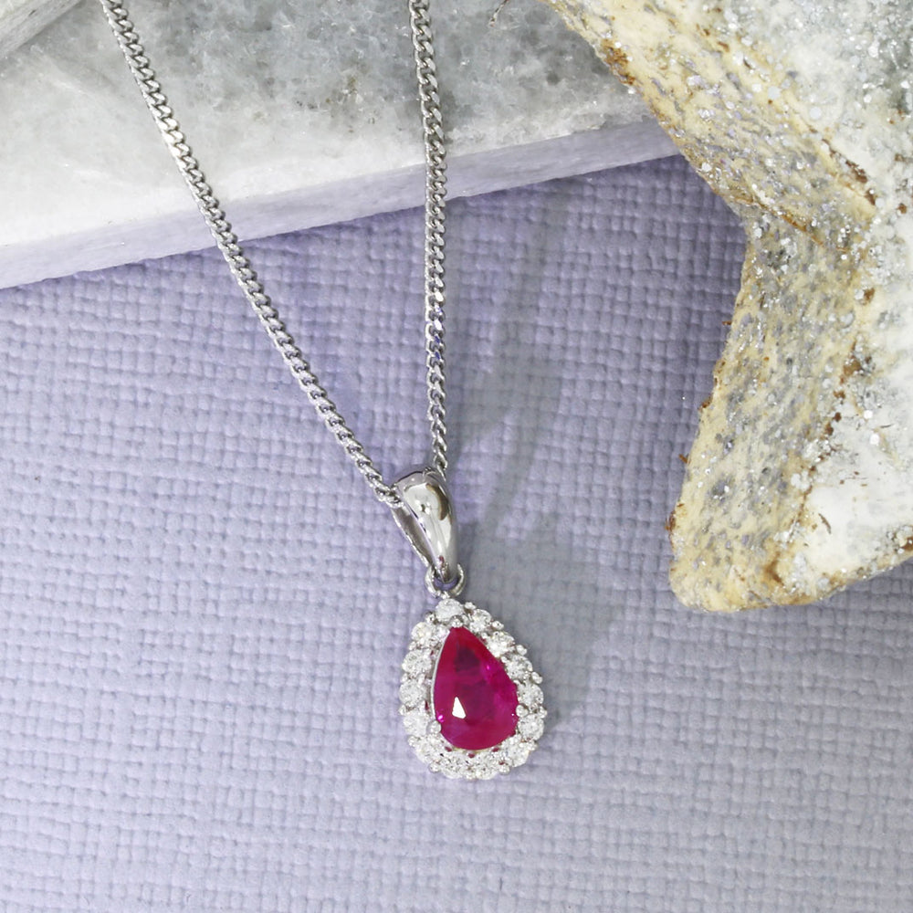 9ct White Gold Pear Shape Ruby and Diamond Cluster Pendant