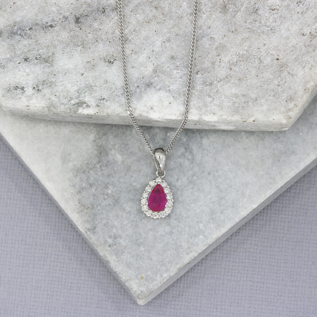 9ct White Gold Pear Shape Ruby and Diamond Cluster Pendant