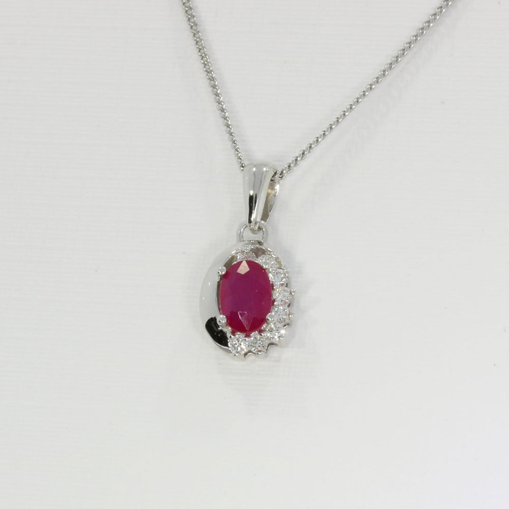 9ct White Gold Oval Ruby & Diamond Pendant