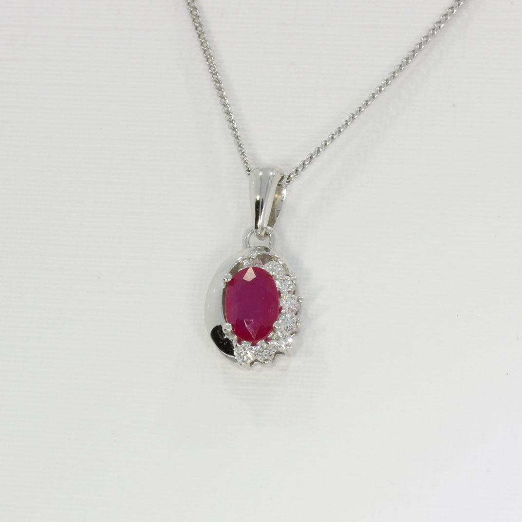 9ct White Gold Oval Ruby & Diamond Pendant