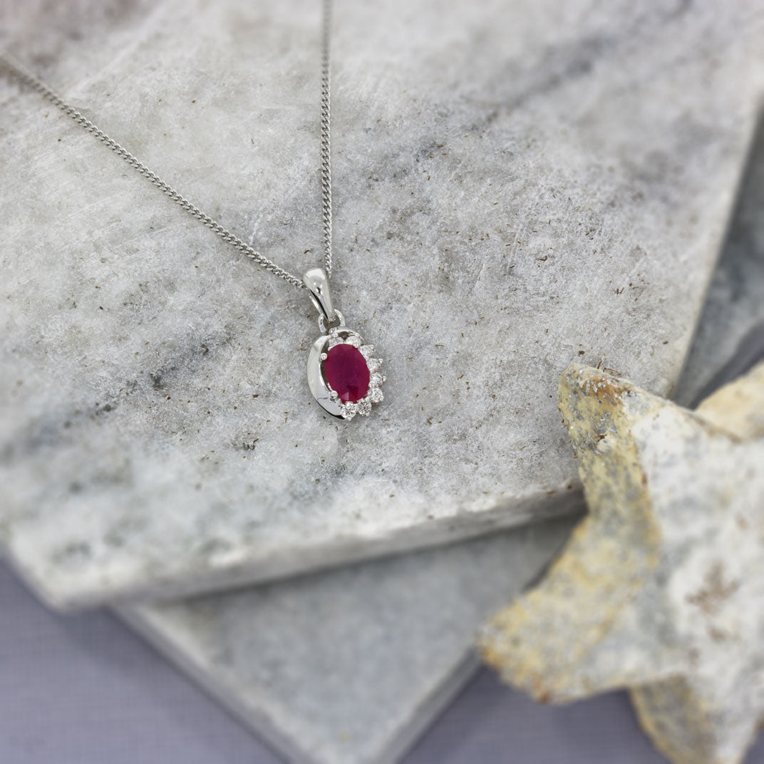 9ct White Gold Oval Ruby & Diamond Pendant
