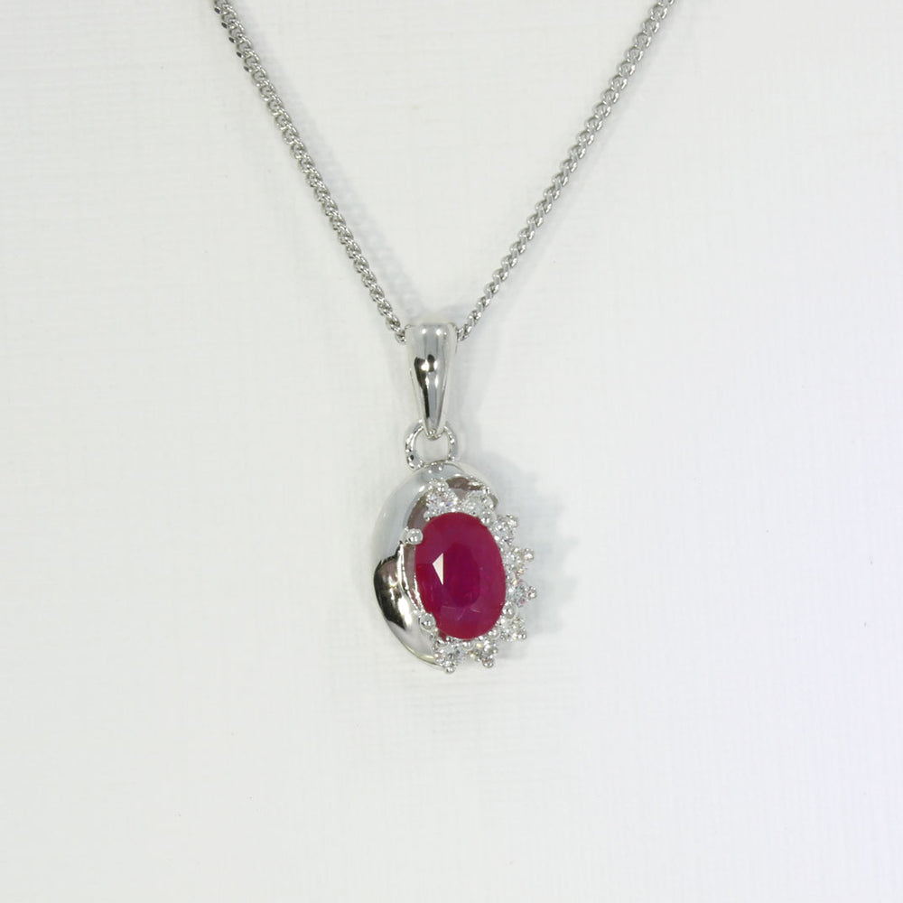 9ct White Gold Oval Ruby & Diamond Pendant