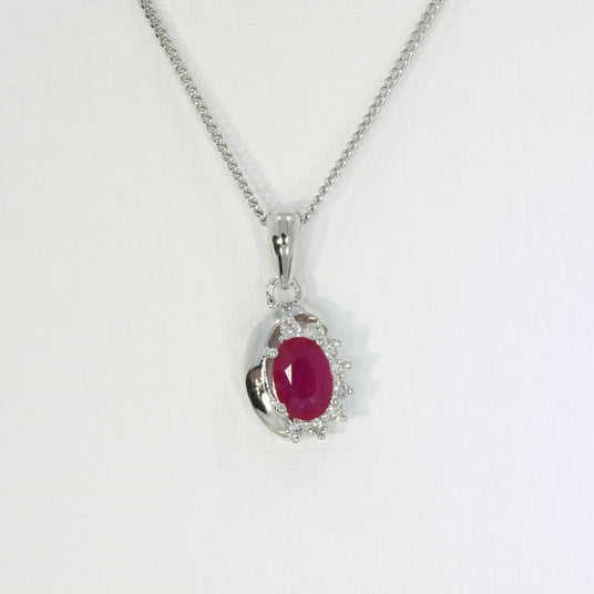 9ct White Gold Oval Ruby & Diamond Pendant
