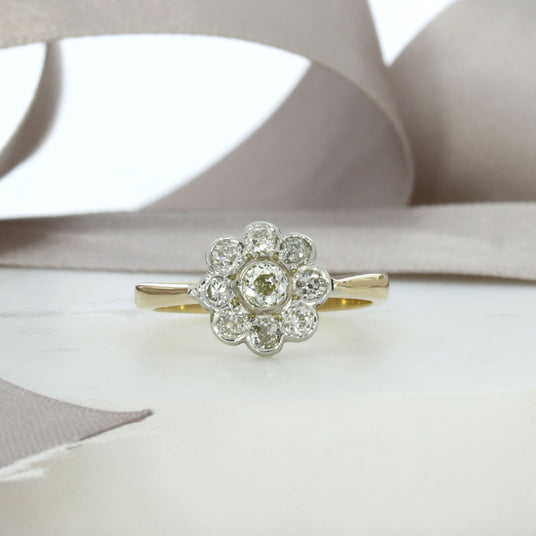 9ct Yellow & White Gold Flower Shape Diamond Cluster Ring 0.78ct
