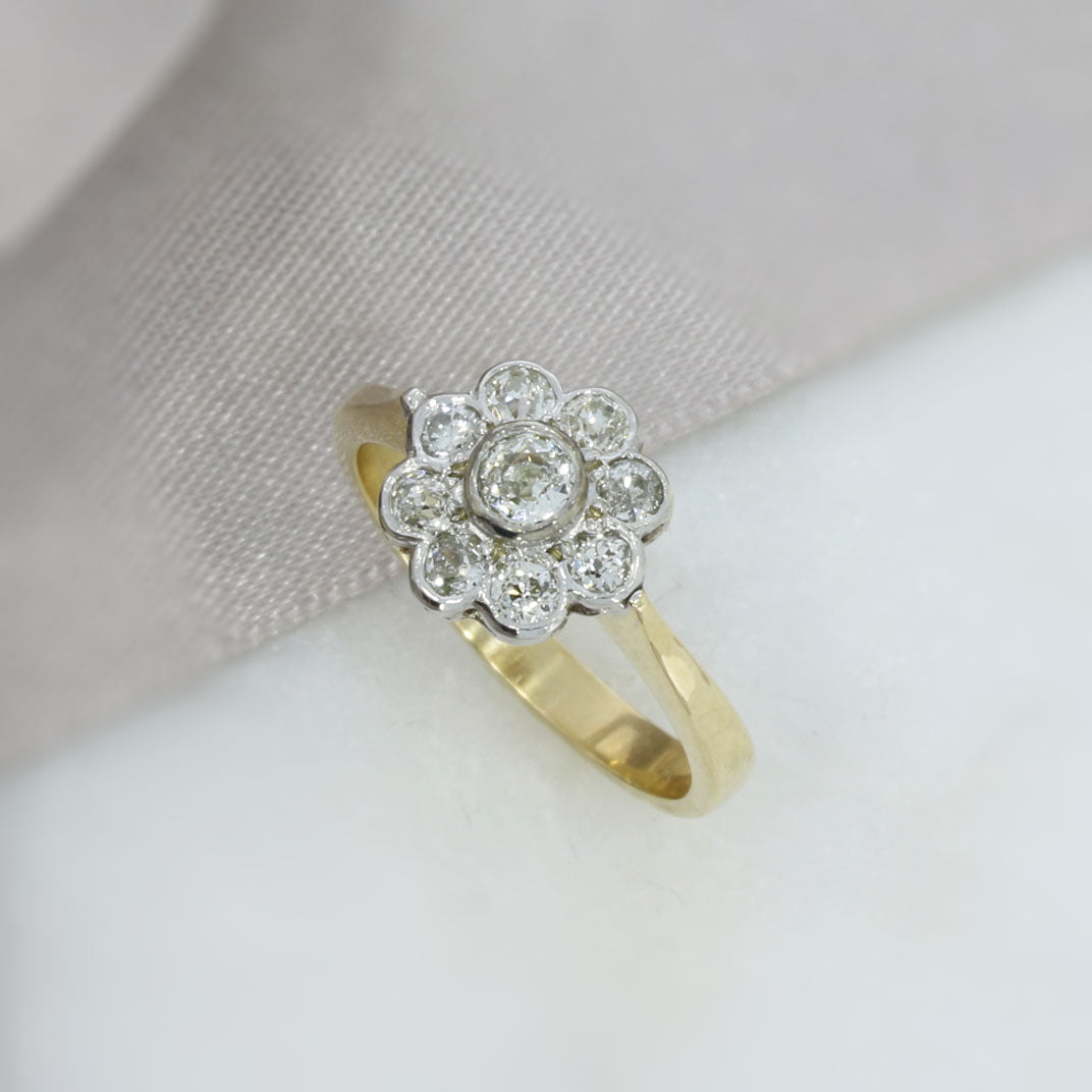 9ct Yellow & White Gold Flower Shape Diamond Cluster Ring 0.78ct