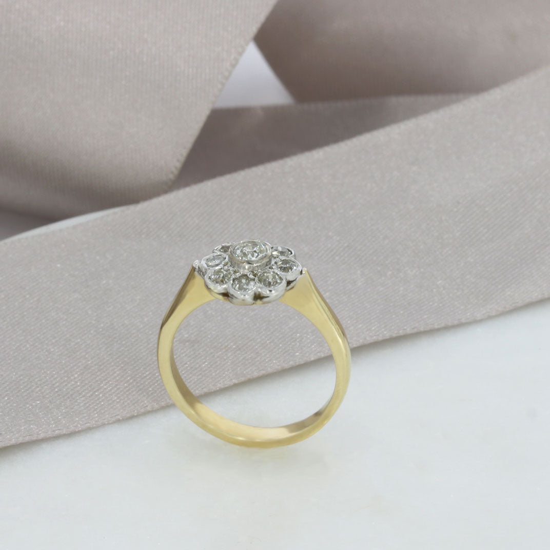 9ct Yellow & White Gold Flower Shape Diamond Cluster Ring 0.78ct
