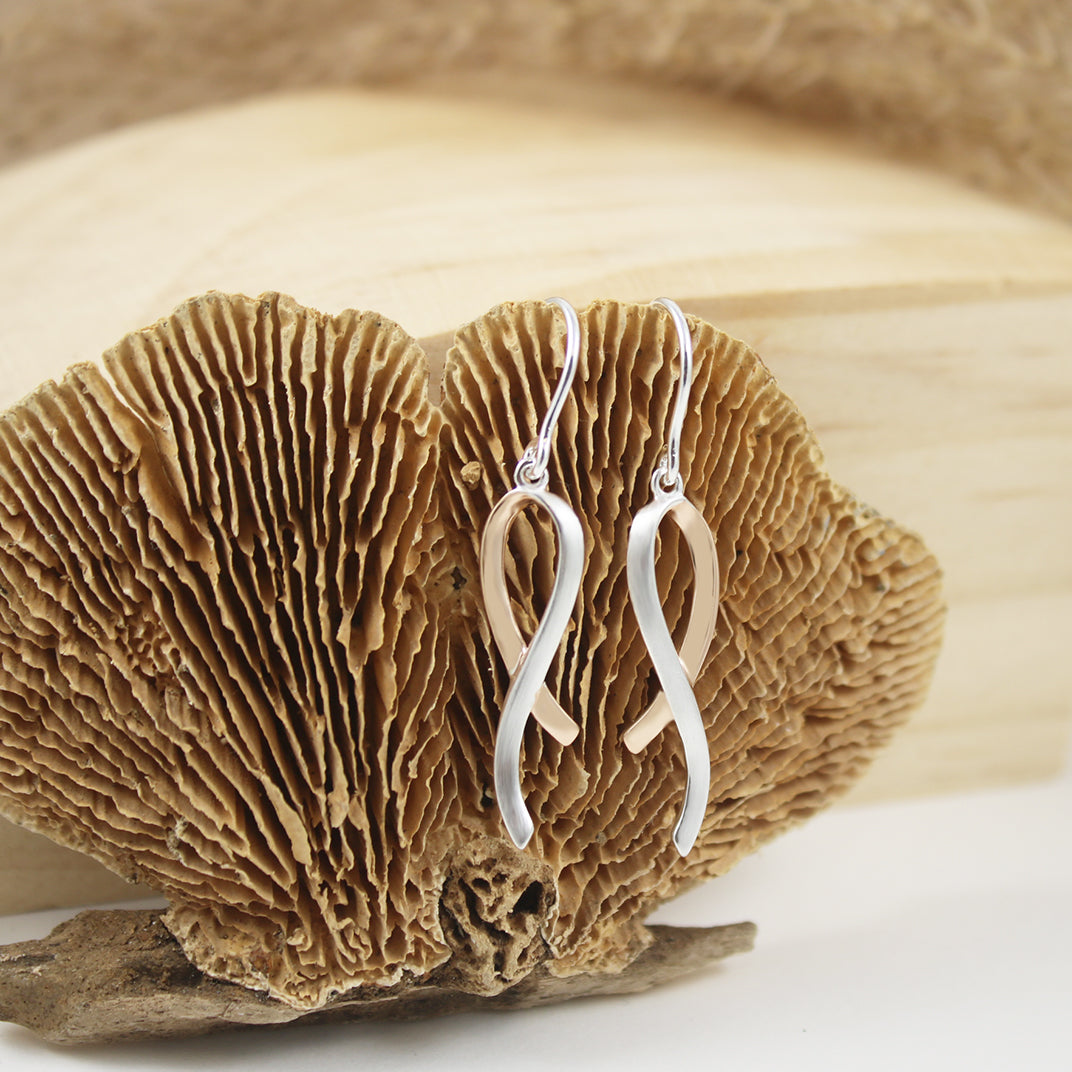 Silver Ribbon Style Earrings with Rose Gold Accent