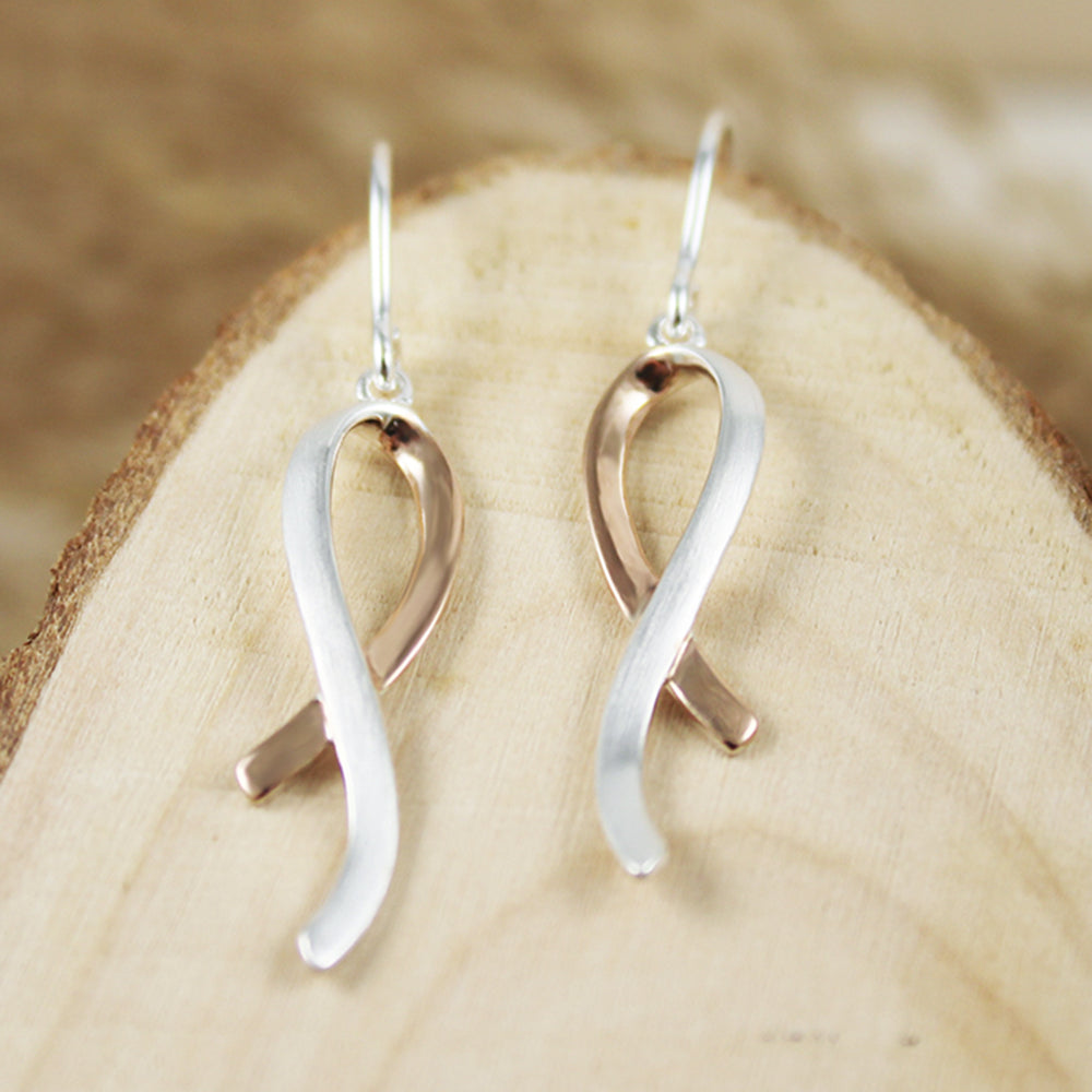 Silver Ribbon Style Earrings with Rose Gold Accent