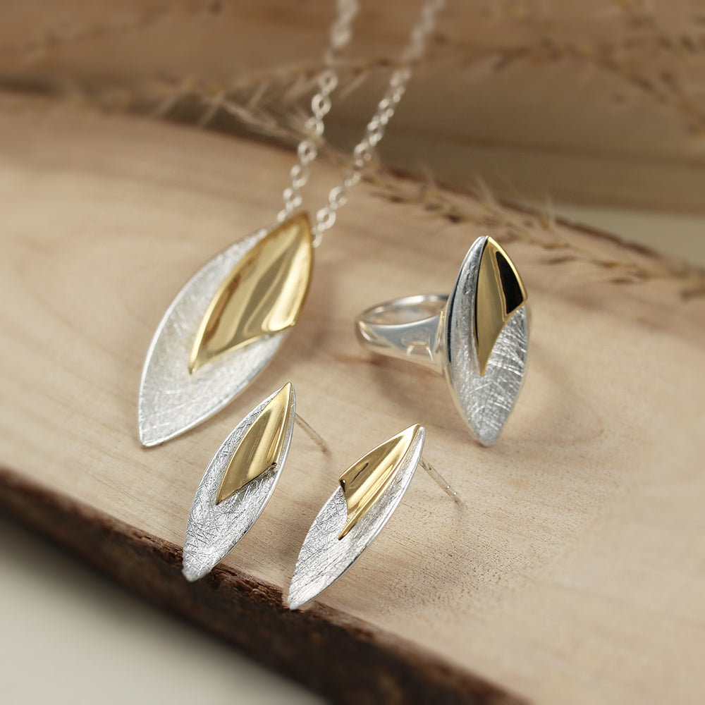 Silver Scratch Effect Large  Marquise Pendant with Yellow Gold Overlay