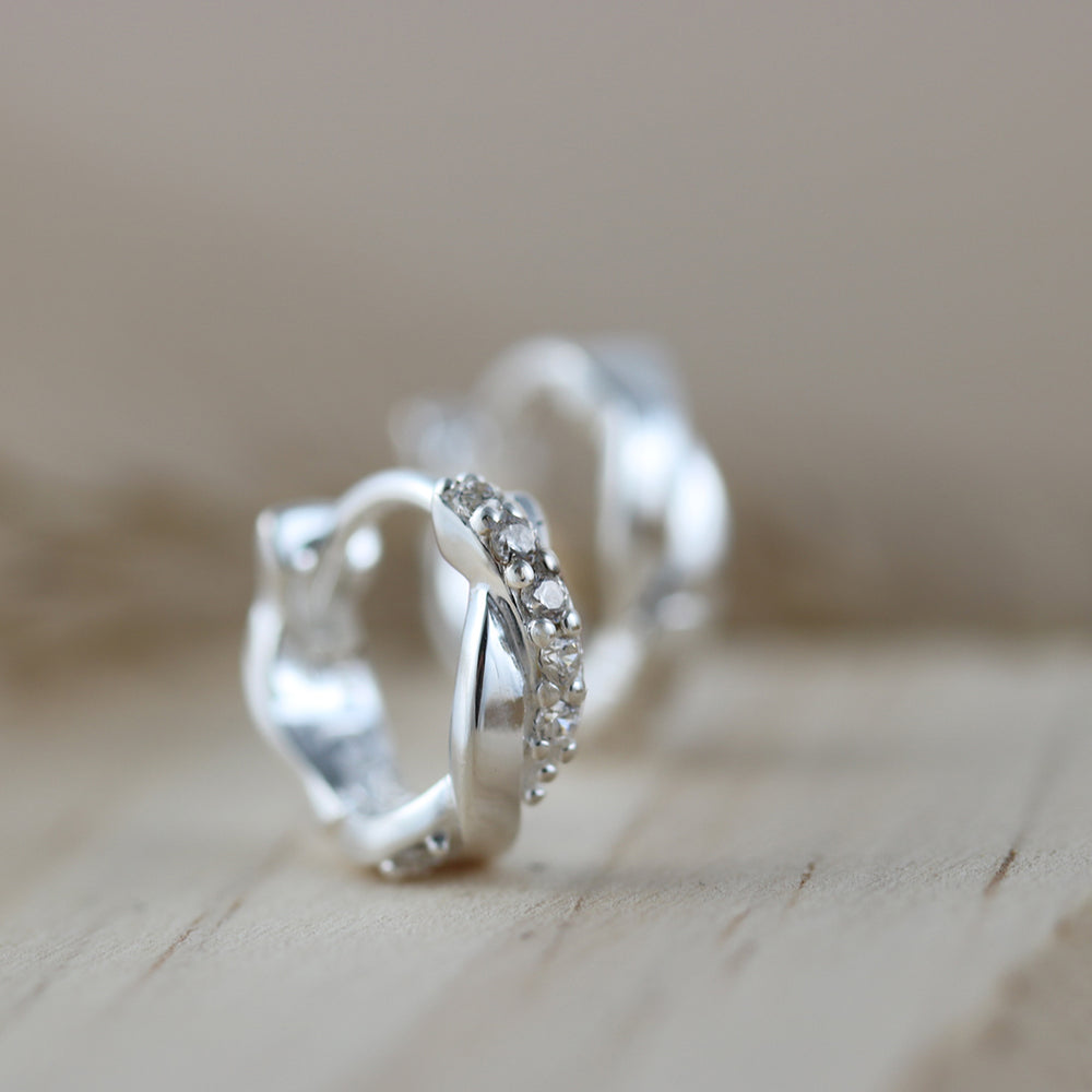 Silver Small Crossover Hoop Earrings with Cubic Zirconia