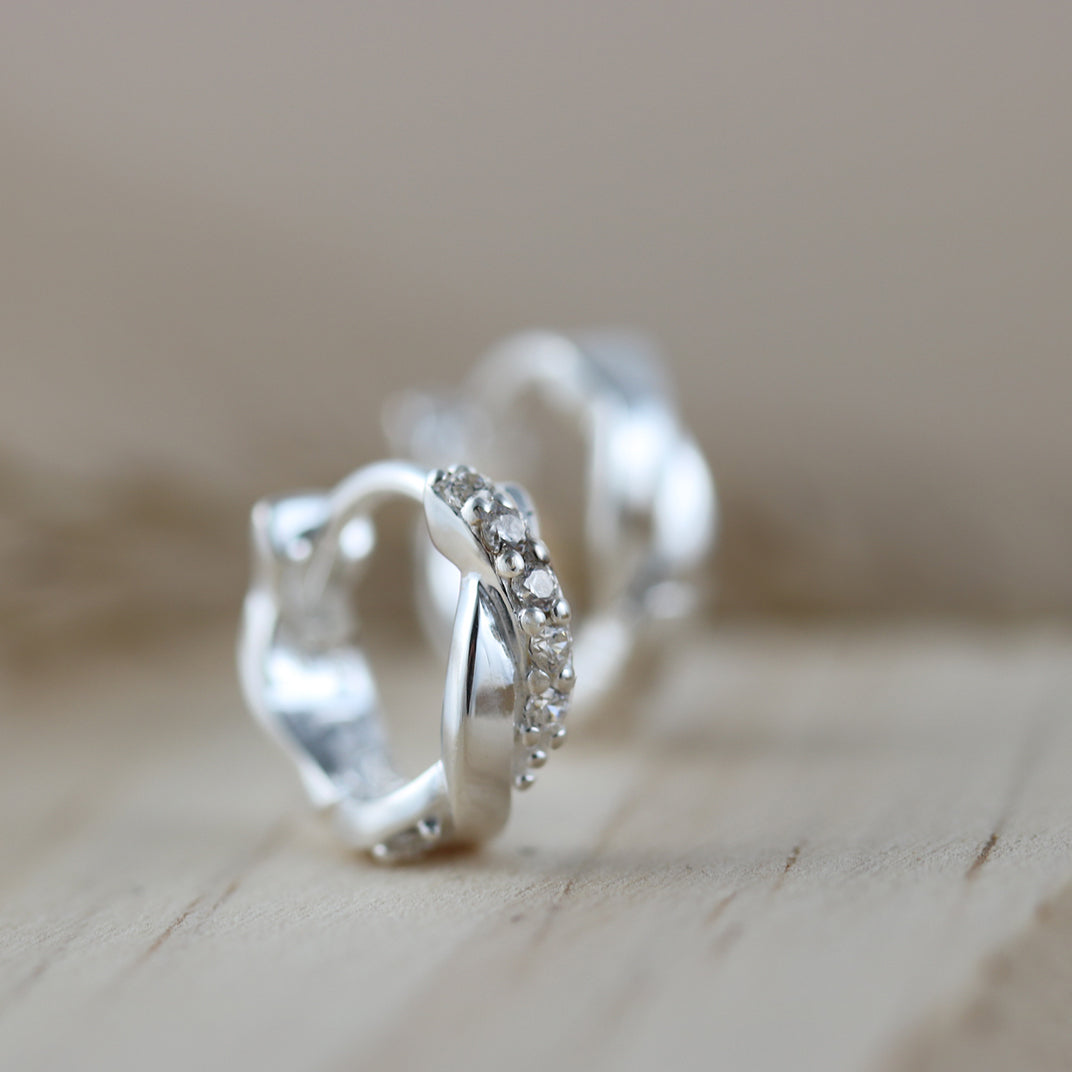 Silver Small Crossover Hoop Earrings with Cubic Zirconia